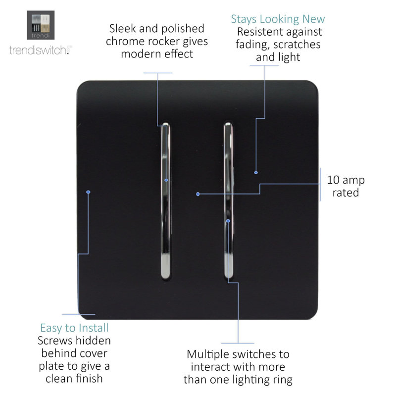 Trendi Switch 2 Gang Rocker Light Switch (1x 1 or 2 way & 1x Intermediate), Matt Black