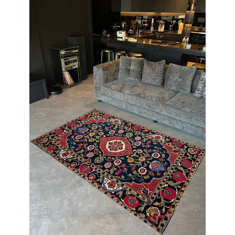 Tapis décoratif rétro bourgogne et bleu marine Paris Collection, Rectangle 4 pi 7,12 po x 6 pi 6,74 po