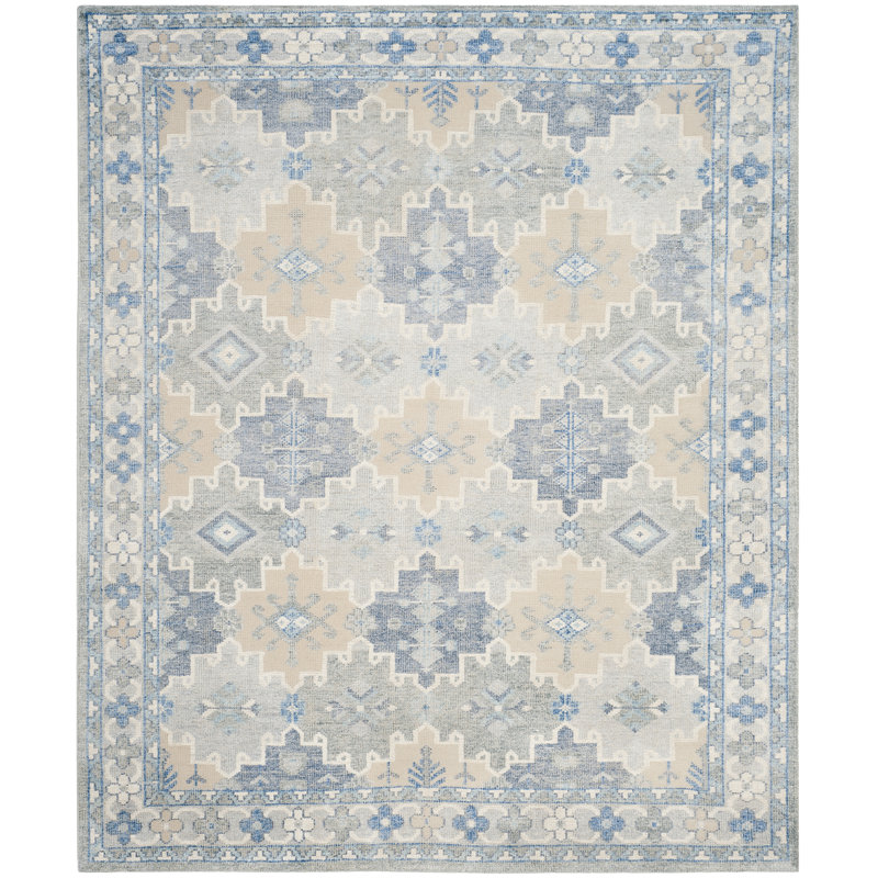 Tapis bleu en soie / coton / lin noué à la main Baum, Rectangle 5 pi x 8 pi
