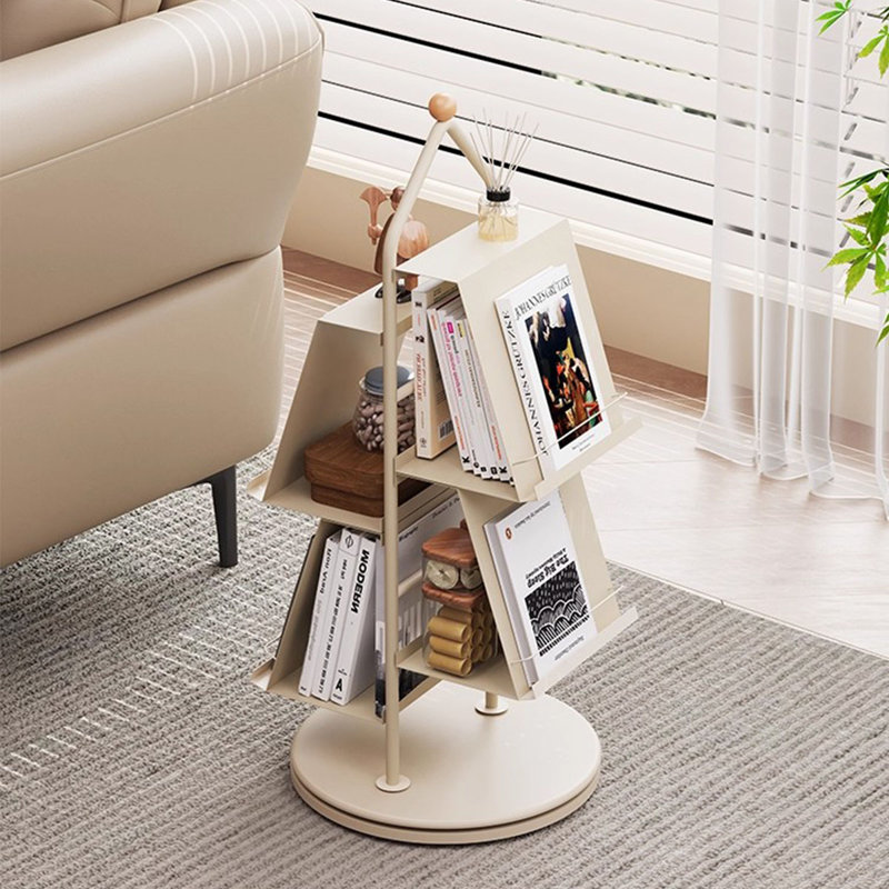 Cream White Modern Iron Rotating Bookshelf, Cream White