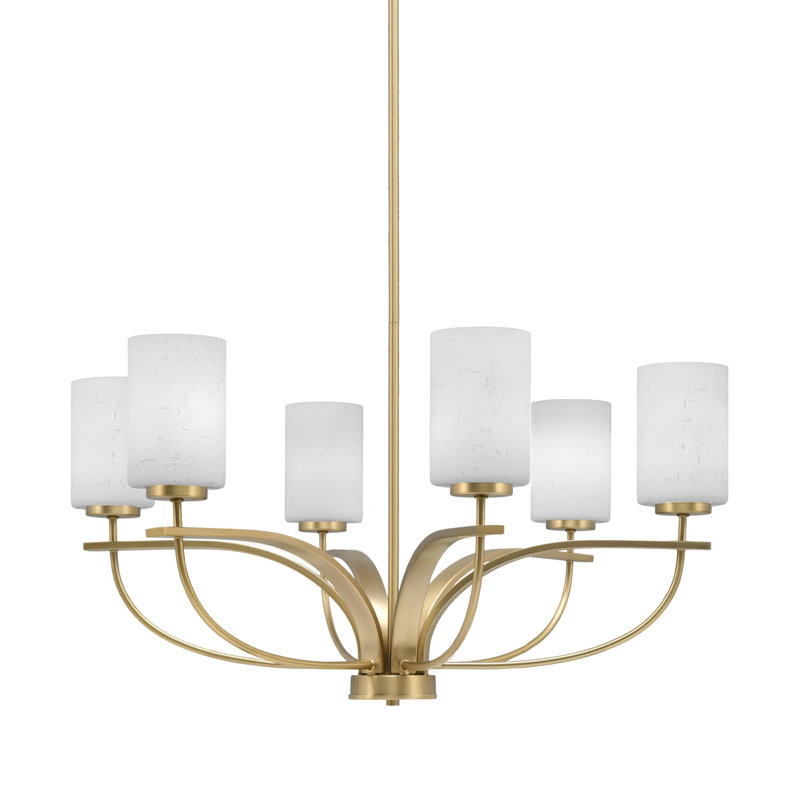 Lustre à 6 lumières verticales Unia présenté en finition nouvel âge avec verre mousseline blanc 4 po Unia