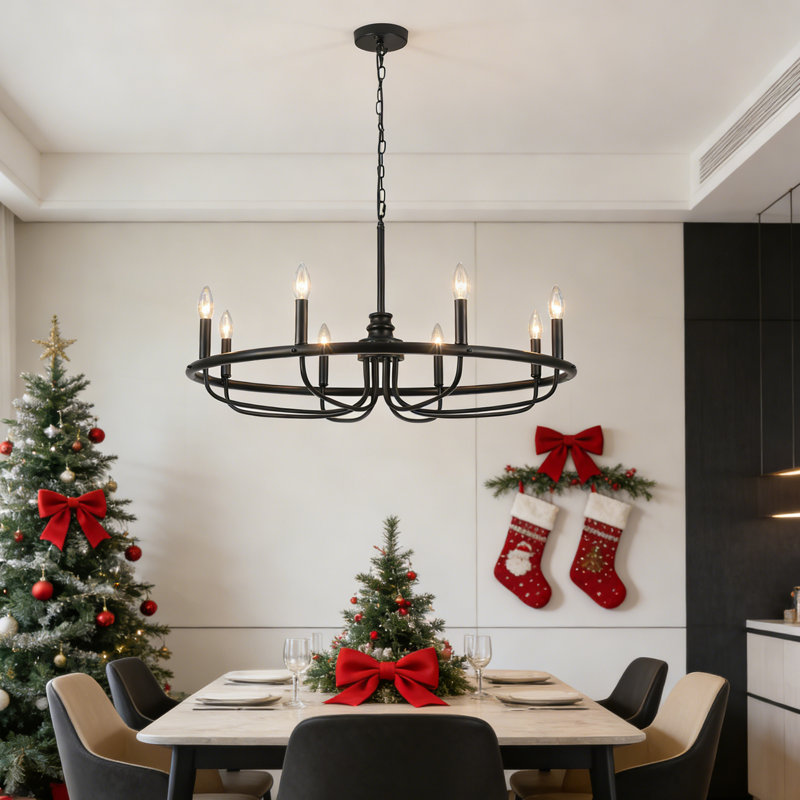 Lustre rond en forme de bougie noire 8 lumières, Noir, H 16,73 po x l 33,86 po x P 33,86 po