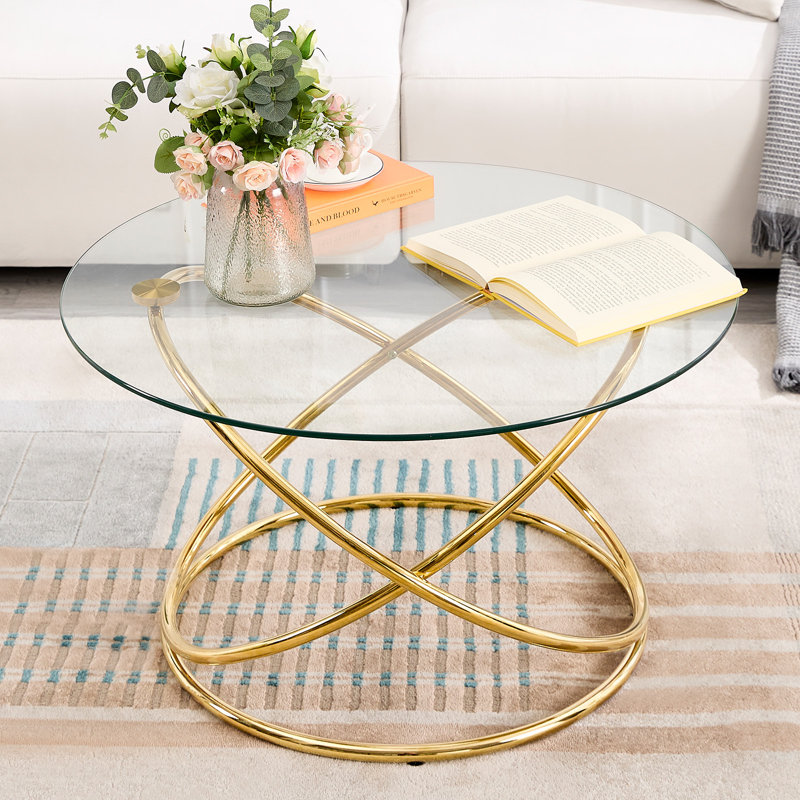 80CM Modern Round Tempered Glass Coffee Table with Metal Base, Clear Center Table for Living Room, Gold