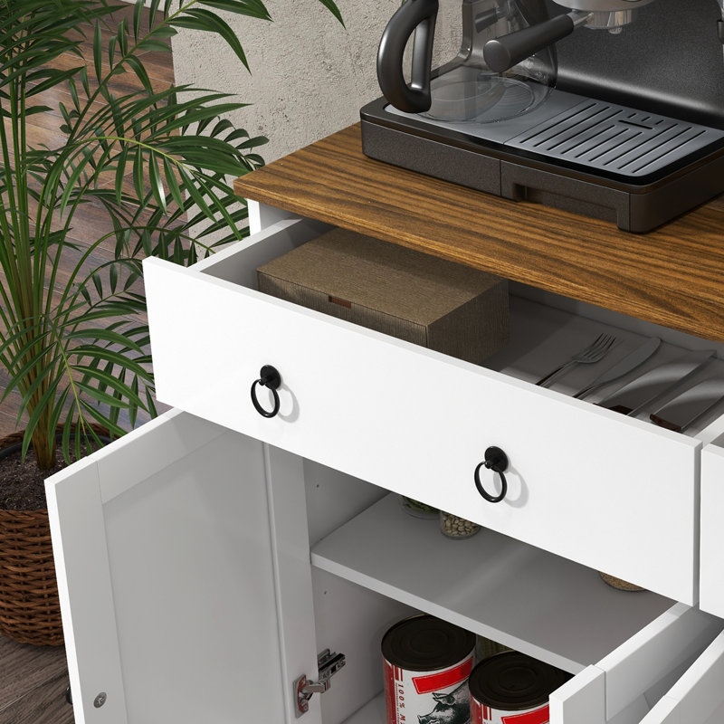 Sideboard Buffet With 2 Drawers, Storage Cabinets, 4 Doors, Adjustable Shelves, White, Wood Grain Top Cabinets And