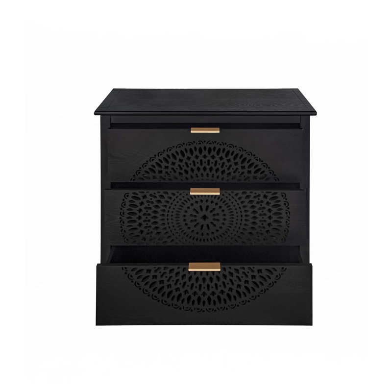 3 Drawer Cabinet With Hollow-Carved, Black