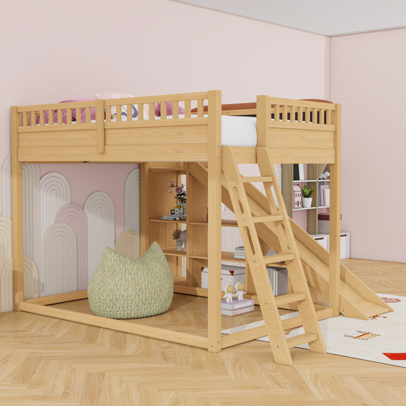 Lit mezzanine avec glissade et tablettes de rangement, Grand lit, Naturel