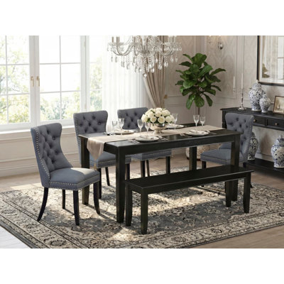 Ensemble de table et chaises de cuisine 6 pièces composé d'une table de salle à manger et de 4 chaises rembourrées en tissu de polyester avec banc, noir