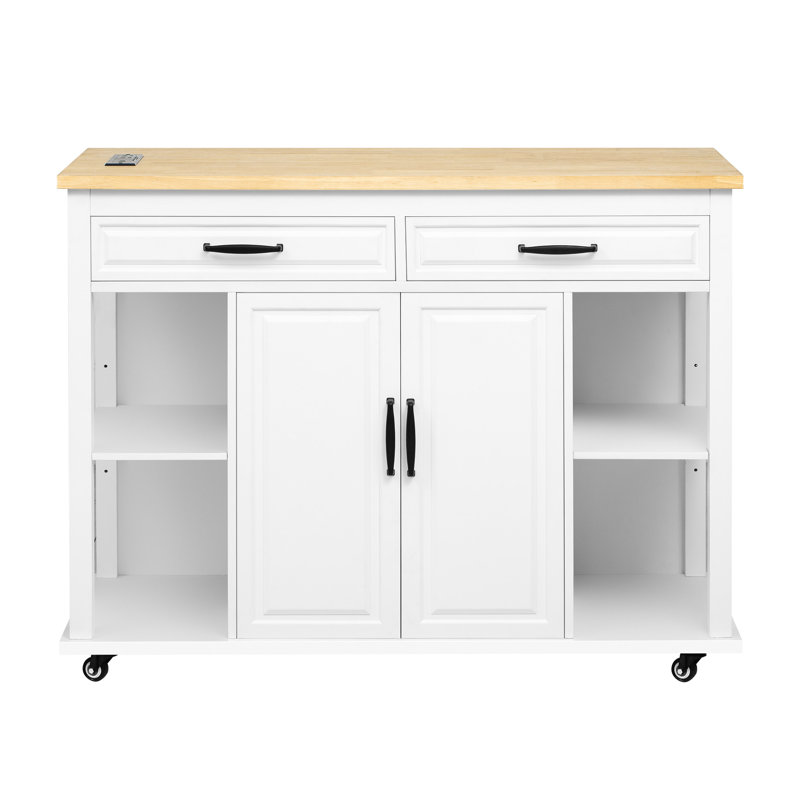 Extendable Kitchen Island With 47.2 X 19.7 Counter, Rubber Wood Table, Storage Cabinets, Type - C And Ports 2 Ac 1 Outlet