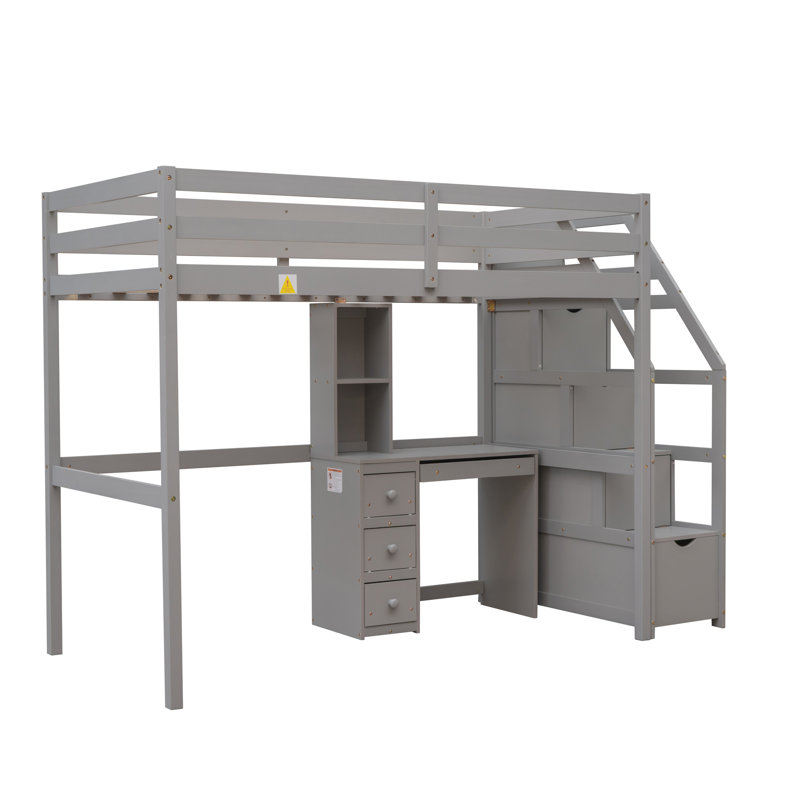 Lit mezzanine simple avec lit autonome, escalier de rangement, bureau, tablettes et tiroirs, Gris