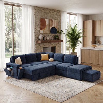 L Shaped Sectional Sleeper Pull Out Sofa Bed with Storage, USB, Cup Holder
