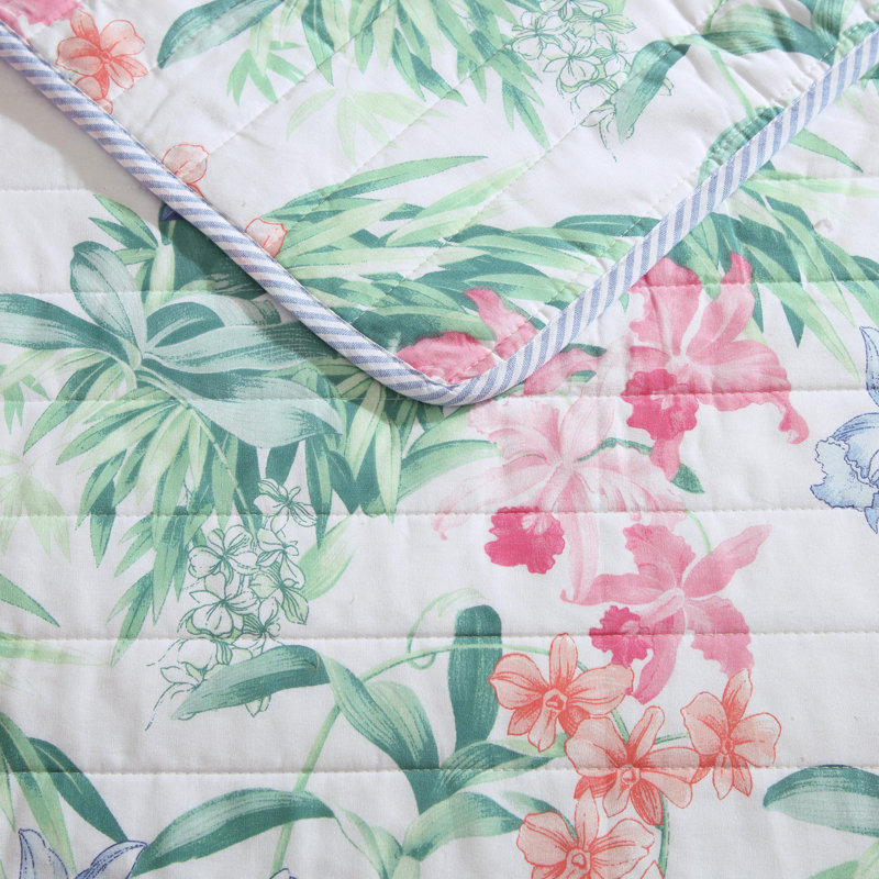 Island Orchid Tropical Cotton Floral Quilt, Queen Quilt + 2 Standard Shams, White/Green/Pink