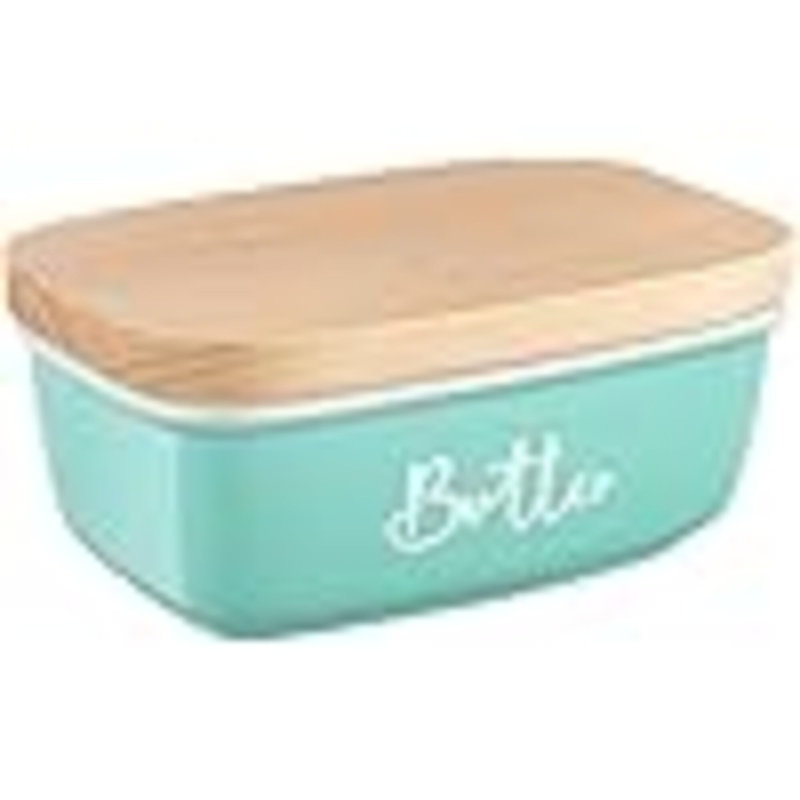 Beurrier avec couvercle pour comptoir, contenant à beurre en céramique avec couvercle en bois de hêtre, beurrier hermétique pour comptoir ou réfrigérateur, pour décoration et accessoires de cuisine rouge
