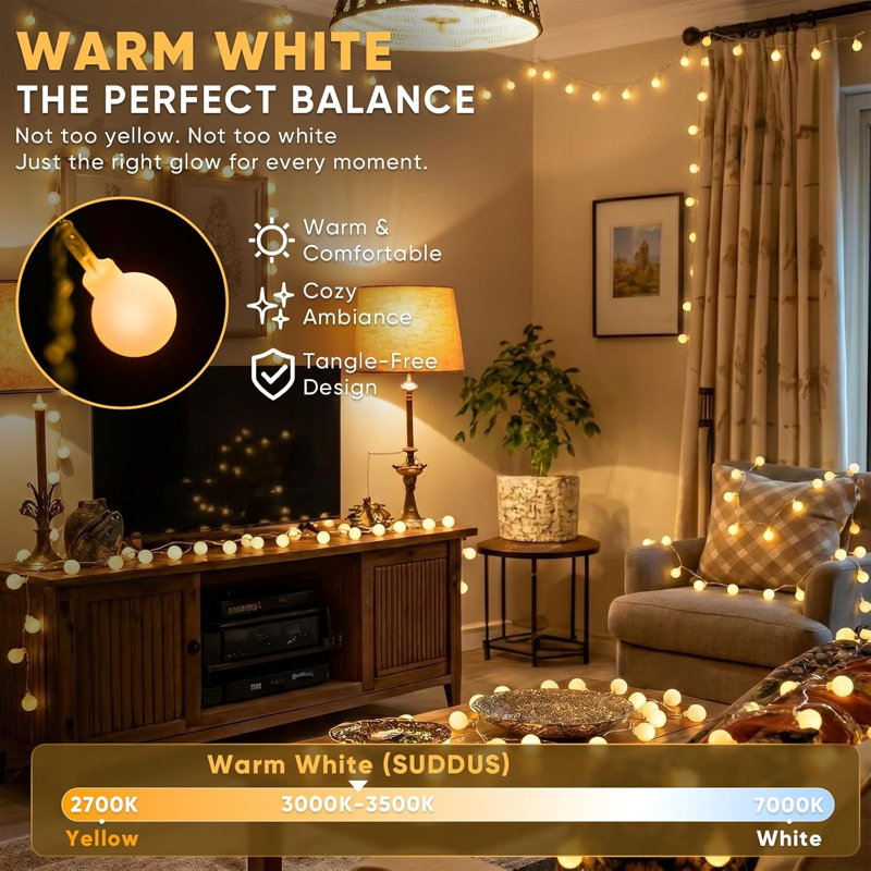 43‑FT 100‑LED Connectable Plug‑In Globe String Lights with Remote Timer, Warm‑White Indoor Outdoor Decor