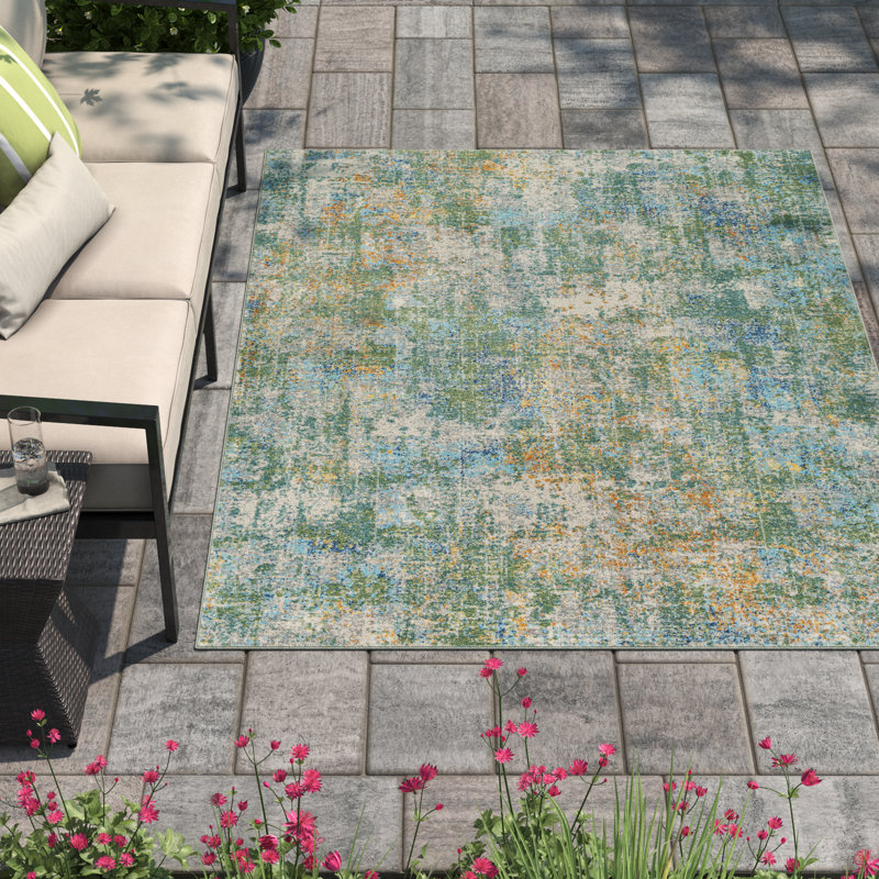 Tapis intérieur / extérieur à motif abstrait vert / orange brûlé Mcneel, Rectangle 5 pi 3 po x 7 pi 3 po