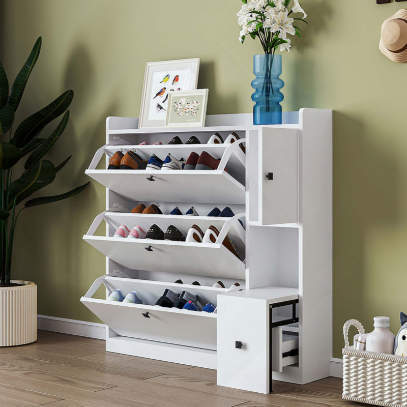 Armoire à chaussures polyvalente à basculement avec 3 tiroirs rabattables, rangement de rangement maximum pour le hall d'entrée avec tiroir, étagère à chaussures autoportante avec siège escamotable pour le couloir