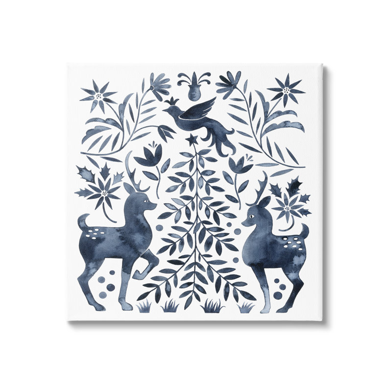 Chevreuil festif, colombe, sapin de Noël, plantes, feuilles, Toile tendue, H 36 po x l 36 po x P 1,5 po