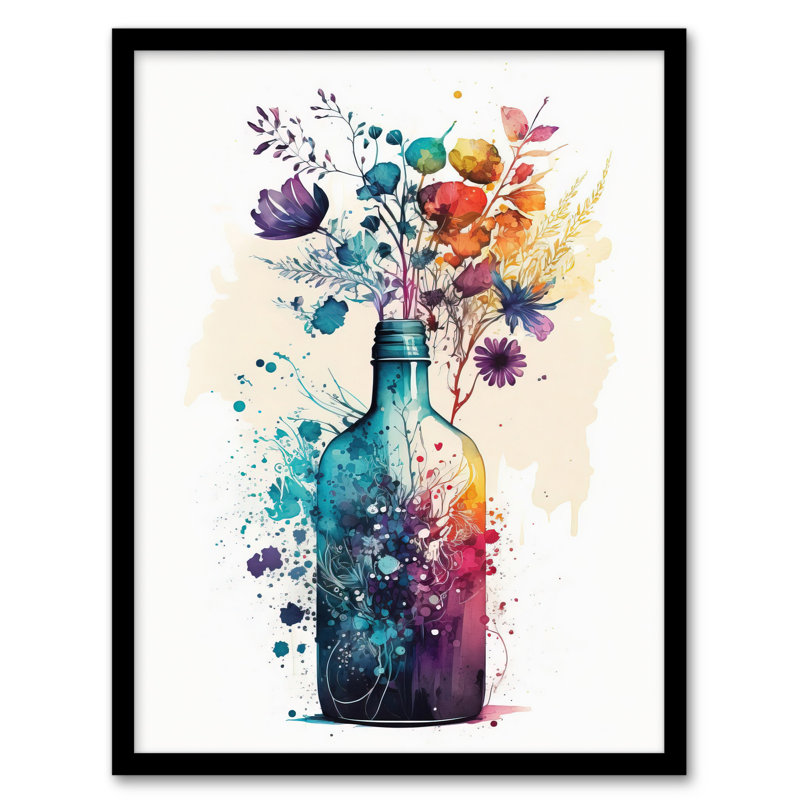 Gin Bottle Flowers Painting Blue Purple Orange - Single Picture Frame Print