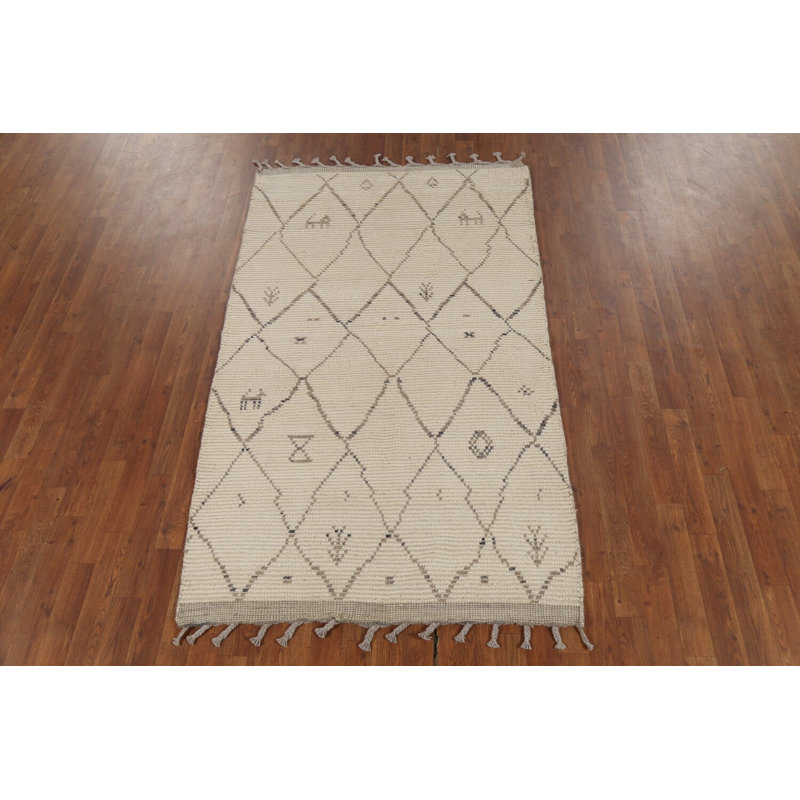 Tapis oriental marocain à motif treillis ivoire fait à la main 4 x 7