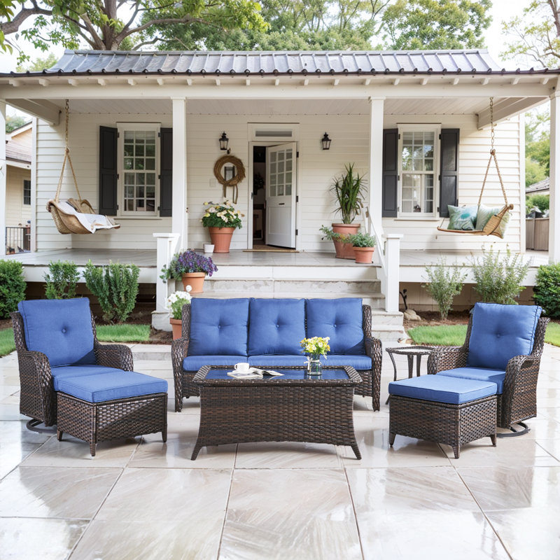 Bonia Wicker 5 - Person Patio Conversation Set with Cushions, Brown, Blue