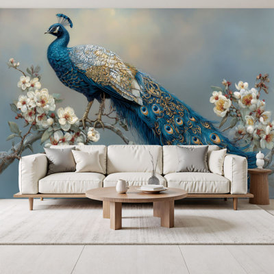 Minimalist Peel and Stick Wallpaper Emerald Feathery Bird Flowering Branch Dawn Garden Art Wall Murals 69"H x 96"W Removable PVC Wall Paper Self-Adhesive Wall Decor for Bedroom Living Room Home Office