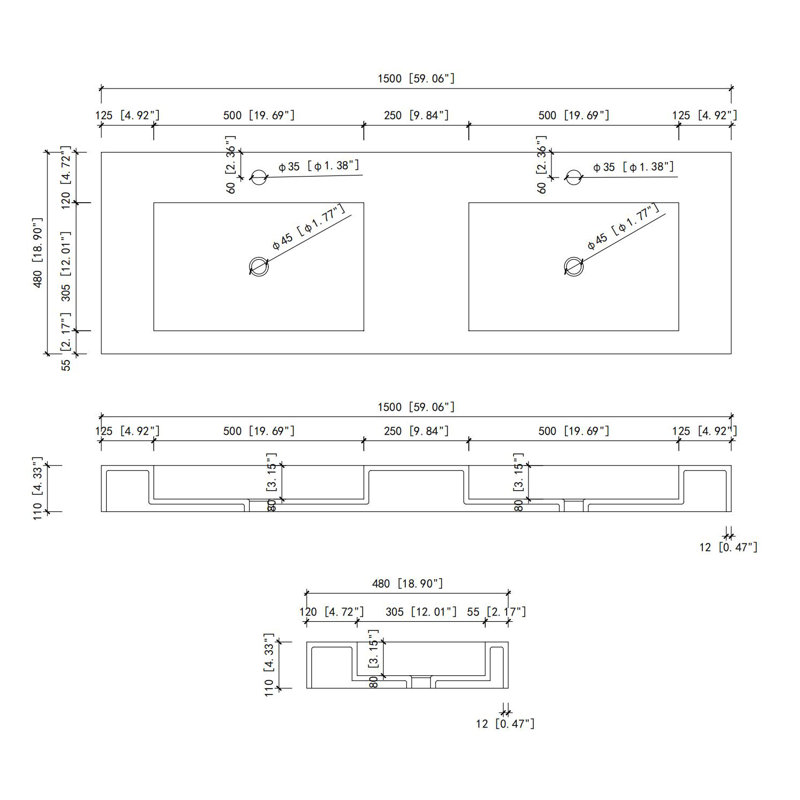 59 po blanc mat surface lavabo