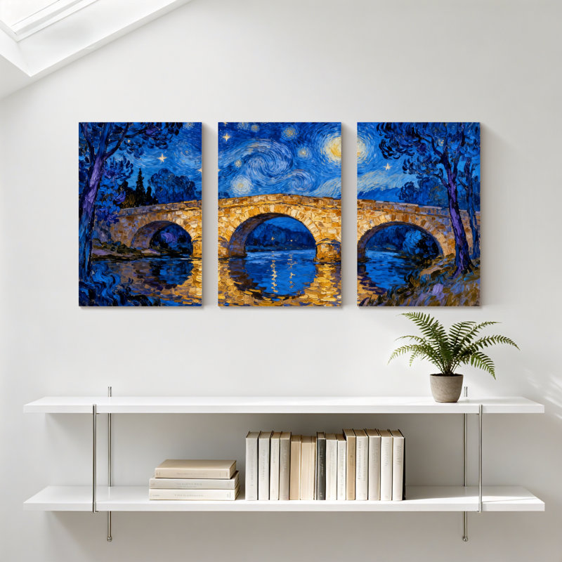 «Abstract Starry Night Bridge Reflection Landscape», ensemble de 3 impressions sur toile, H 24 po x l 48 po