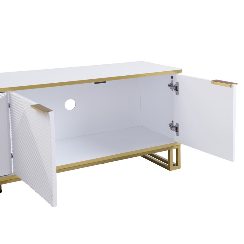 TV Cabinet with Four Doors, Gold Geometric Texture, Cable Holes, Metal Frame, White