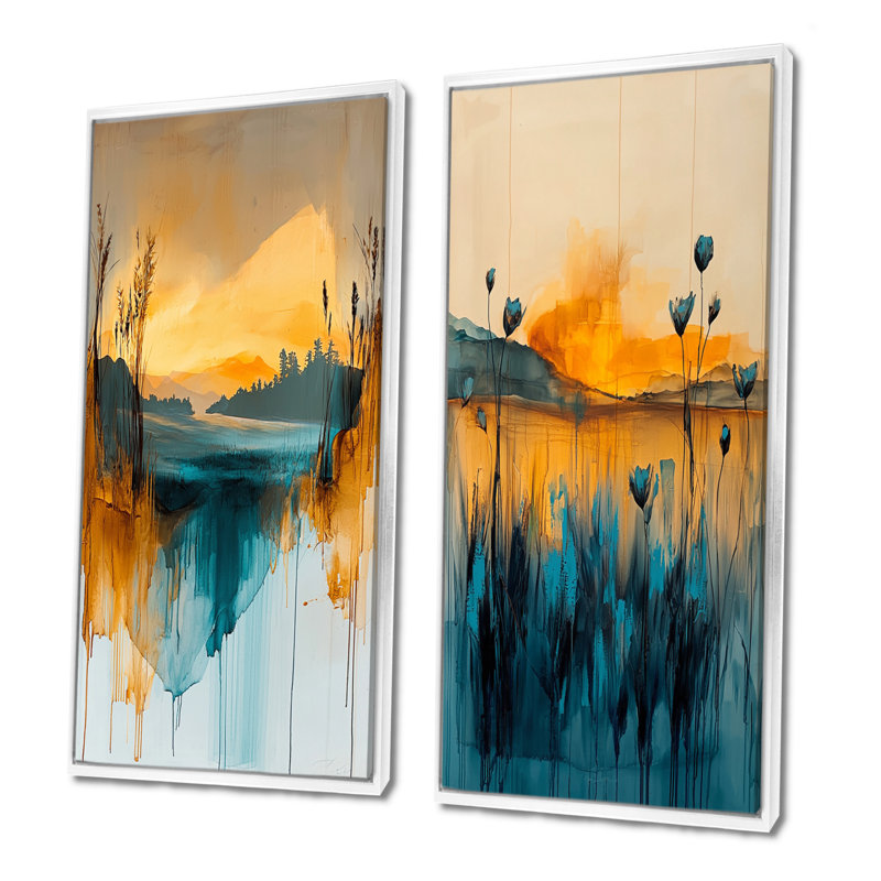 «Orange Twilight Calm Meadow I», ensemble d'art mural 2 pièces Meadow, H 28 po x l 24 po, Impression encadrée, Blanc
