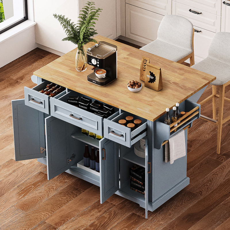 Grand îlot de cuisine de 54 pouces avec abattant en bois d'hévéa, chariot de cuisine à roulettes en relief sur 4 roues avec 4 portes et 3 tiroirs, îlot de cuisine avec rangement pour la cuisine, salle à manger, gris-bleu