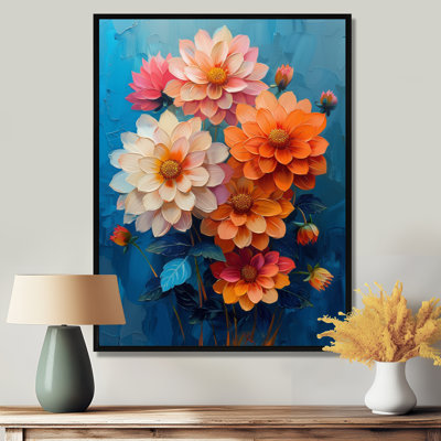 Dahlia mauve orange sur fond bleu III - Dahlia Wall Art Living Room