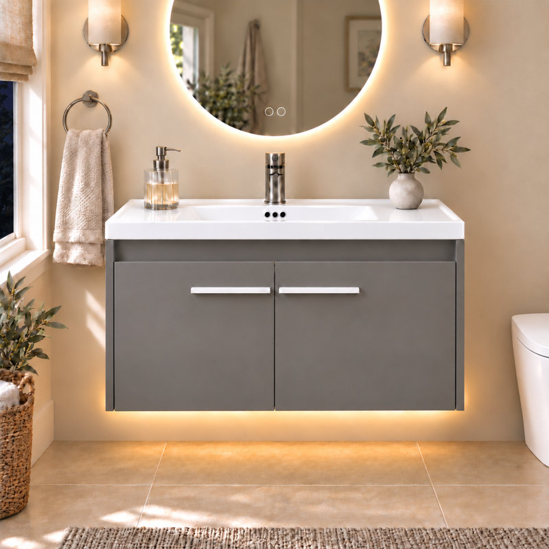 Meuble-lavabo flottant noir 31 po avec lavabo, lumière DEL moderne, Gris
