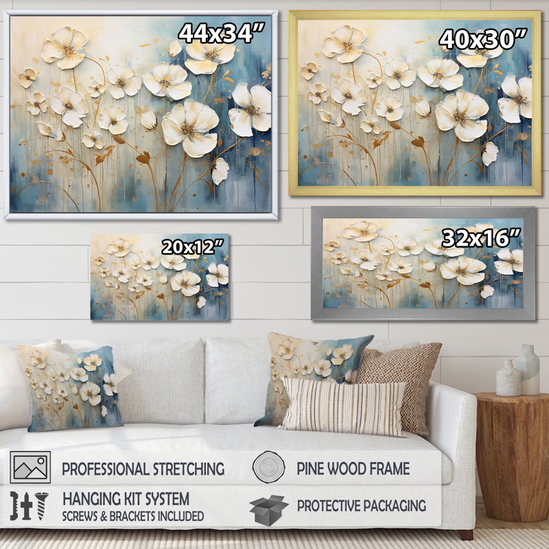 «Elegant Beige Buttercups Meadow» - impressions sur toile Buttercups, Encadrement doré, H 16 po x l 32 po x P 1 po