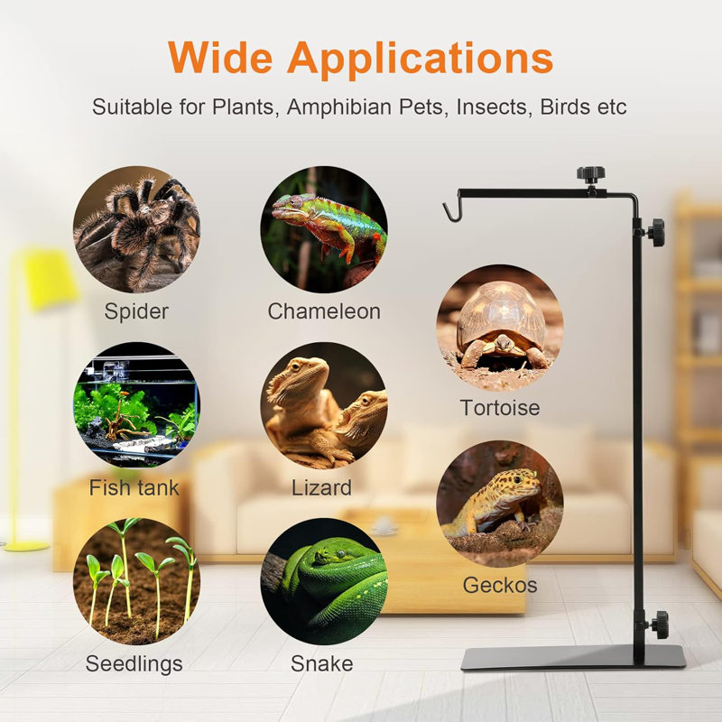 Support pour lampe de reptile simple de 22-35,4 pouces avec support de lumière de plancher en métal pour lumière de chauffage de terrarium en verre de reptile, amphibien et réservoir d'aquarium