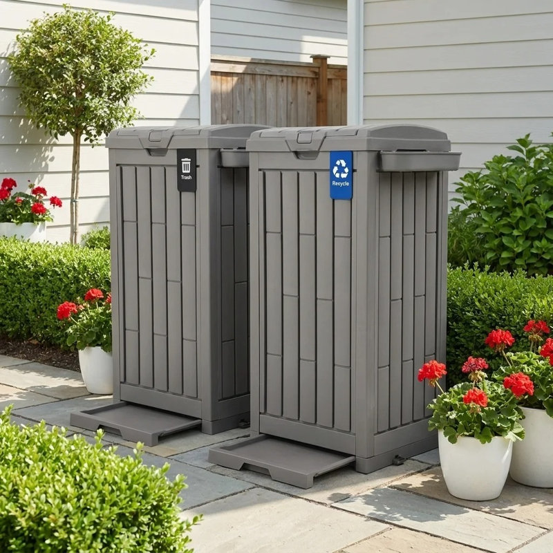 Edrosie Inc 31 Gallon Resin Outdoor Trash Cans with Lids, Black Patio Hideaway Garbage Bins, Brown