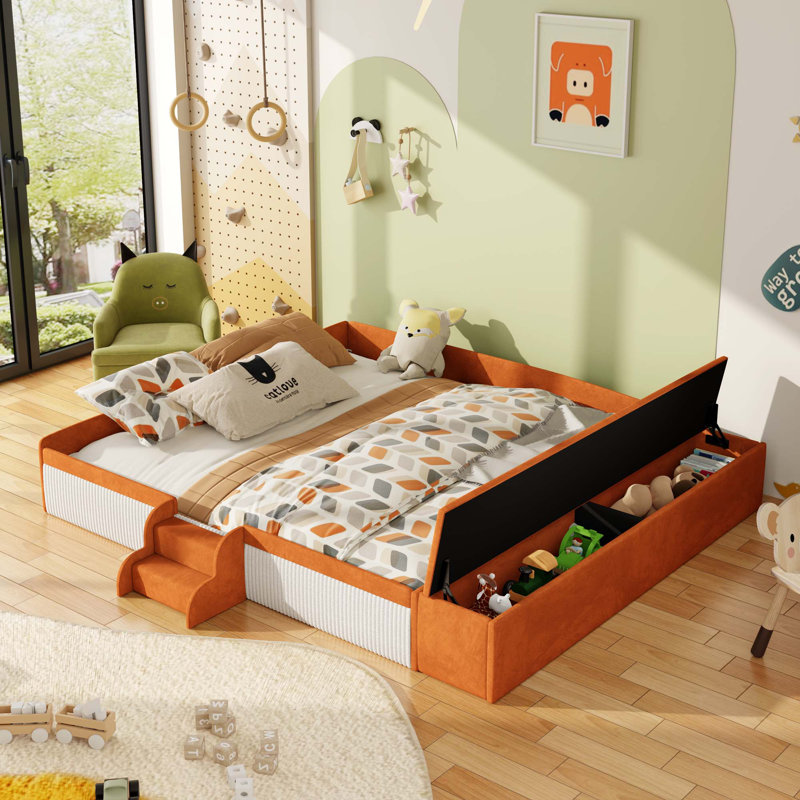 Upholstered Daybed With Stairs & Gas Lift Storage Ottoman,Padded Guardrails, Brown/White, King
