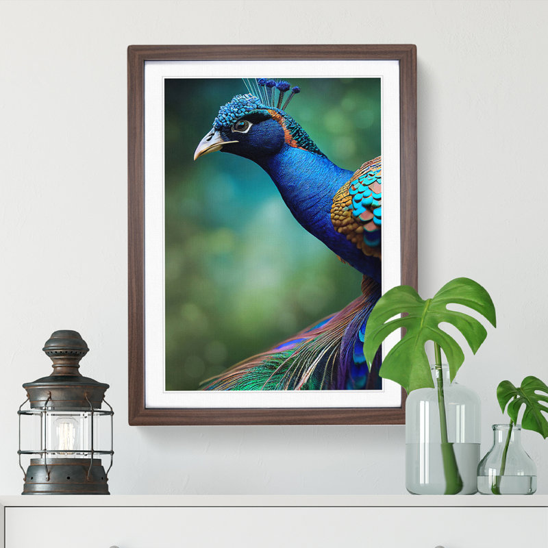 Captivating Peacock - Single Picture Frame Print, 46cm H x 34cm W x 2cm D, Brown Framed