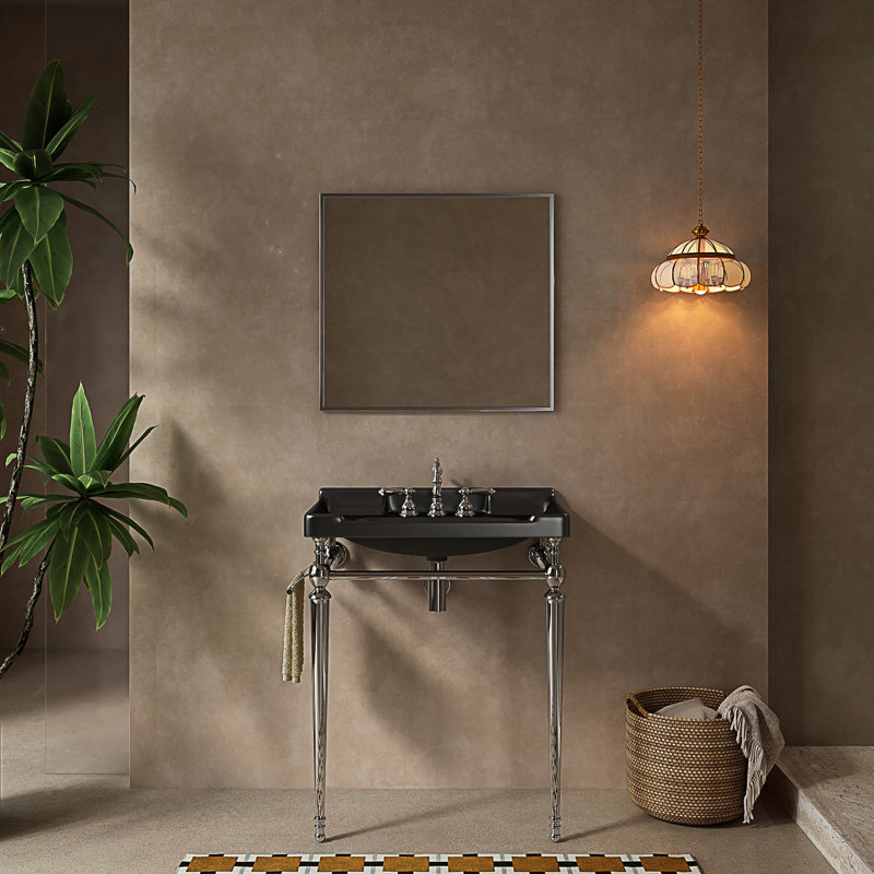 Lavabo de console de salle de bain moderne, meuble-lavabo mural en céramique, pieds de support autoportants en acier inoxydable avec barre à serviettes