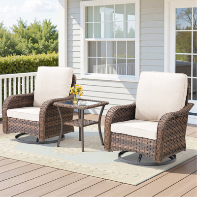 Ensemble de meubles d'extérieur 3 pièces, chaise berçante pivotante pour l'extérieur, ensemble bistro de patio en osier avec tablette latérale pour terrasse, beige