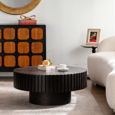 31.5" Handcrafted Relief Round Wooden Coffee Table | Sturdy Pedestal Base, Decorative Tea Table for Living Room