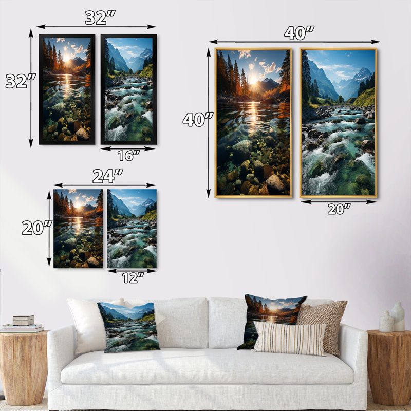 «River Reflections», 2 pièces sur toile, H 40 po x l 40 po, Encadrement doré