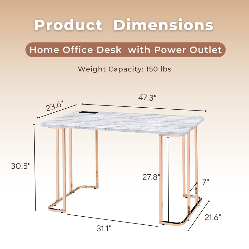 Anya Metal Base Writing Desk with Power Outlet, White