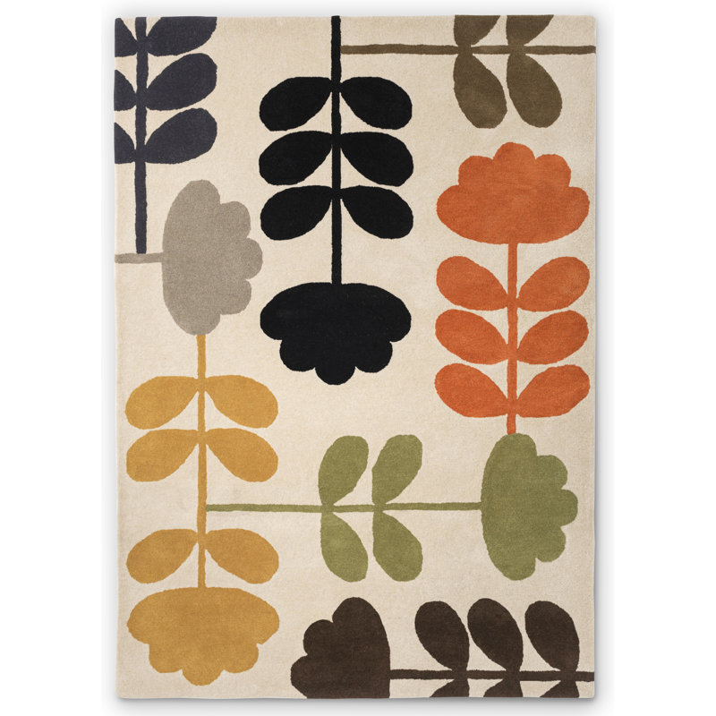 Hand Tufted Wool Floral Area Rug in Cream/Orage/Black/Yellow, Rectangle 6'7" x 9'2"