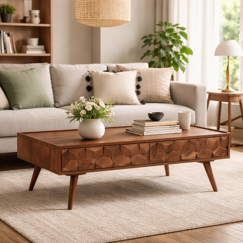 Wood Coffee Table | Acacia Wood | Natural Finish | Handmade Table | 51x20x18", Natural