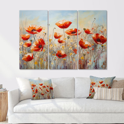 Red Poppies Blossoming II - ensemble d'art mural champ de fleurs
