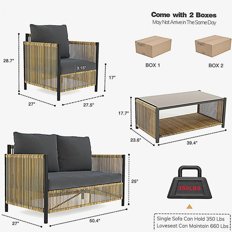 New Comming Patio 4 Pieces Brown PE Wicker Sofa Set with Grey Cushion