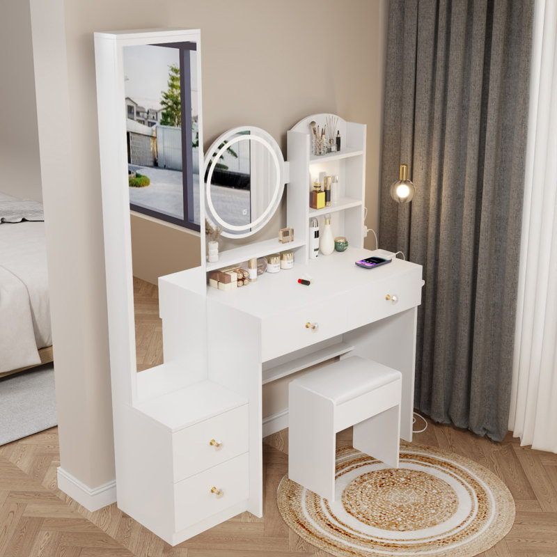 Mirror Cabinet + Round Mirror LED Vanity Table + Cushioned Stool, With 2 AC + 2 USB Power Station,17" Diameter LED Mirror, Touch Control