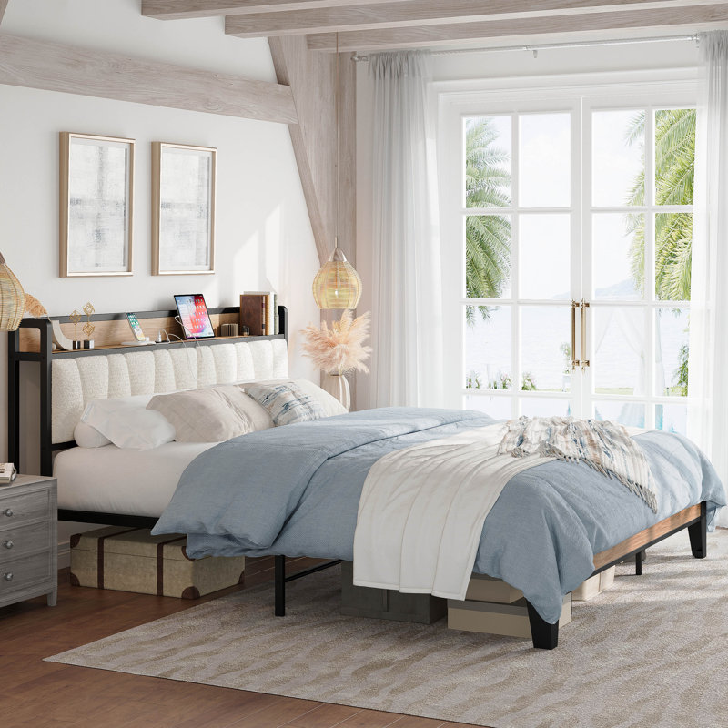 Platform Dangelo With Boucle Headboard, Storage Shelf And Built In Charging, Sturdy And Quiet, California King