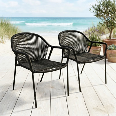 Ridge Outdoor Patio Dining Chairs Set of 2 Charcoal, Rope Rattan Woven Armchairs with Matte Black Steel Frame, Stackable Lightweight Seating for All-Weather Patio Dining and Outdoor Spaces