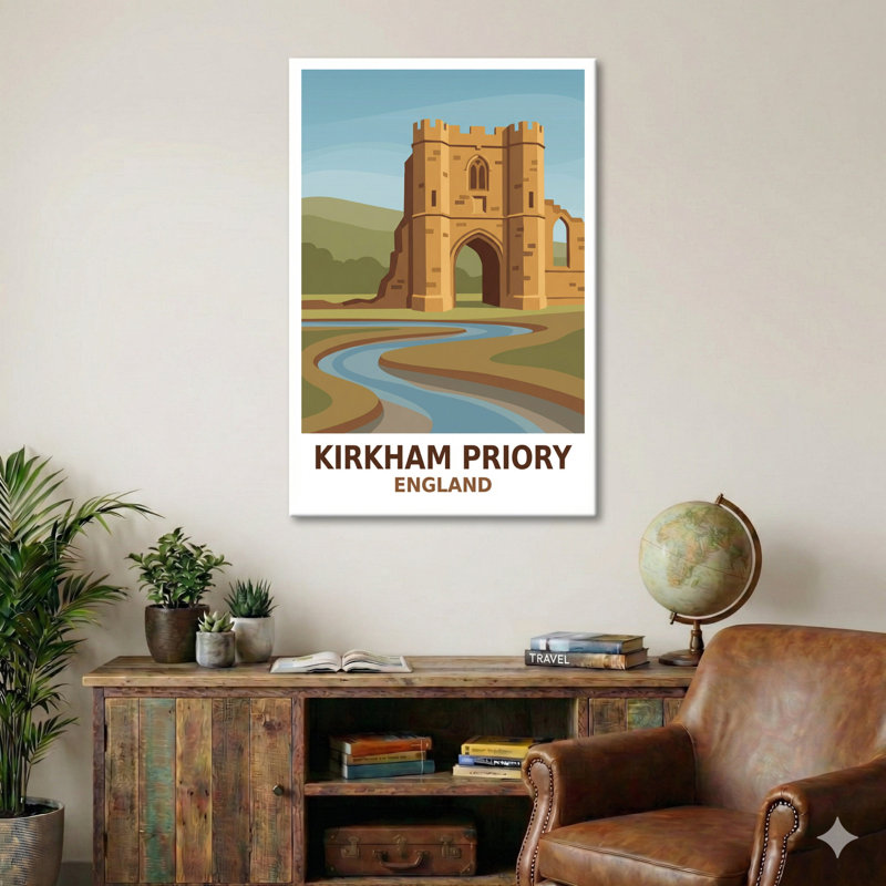 Kirkham Priory, England - Romantic Travel Poster of Historic Ruins by the River. Giclee Print on Wrapped Canvas. Wall Art, Home Decor - Religious & Cultural Sites, England 1 Piece Wrapped Canvas Wall Art