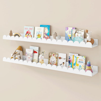 Floating Nursery Shelf Set Of 2, 36 Inch Scalloped Kids Book Display Ledge For Wall, Reinforced Wood Frame For Bedroom And Playroom Organization